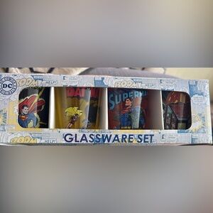 DC Comics glassware set 4 pieces Superman Batman Joker and other blue red yellow